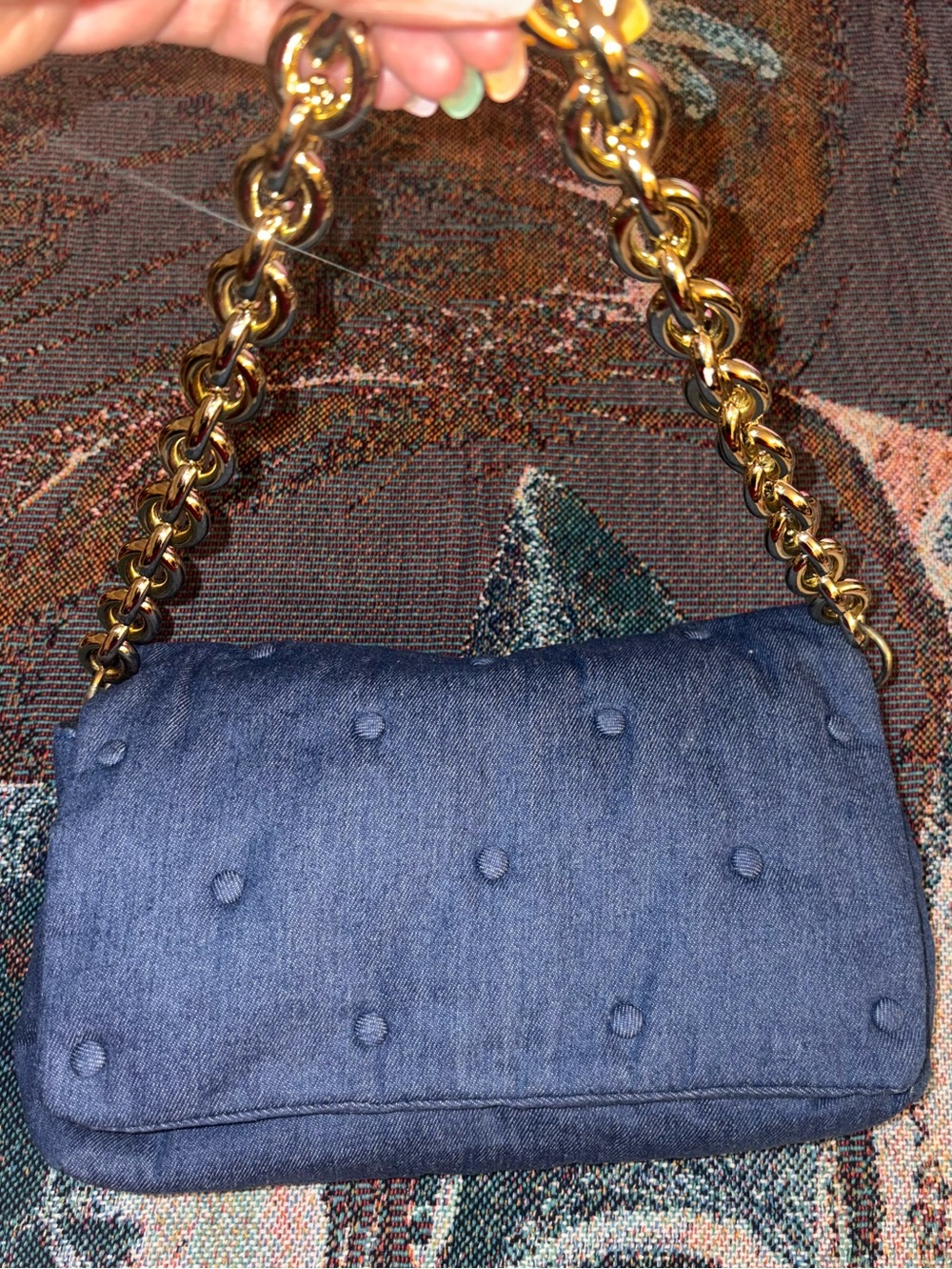 Quilted Denim Shoulder Bag with Gold Chain Strap - Navy